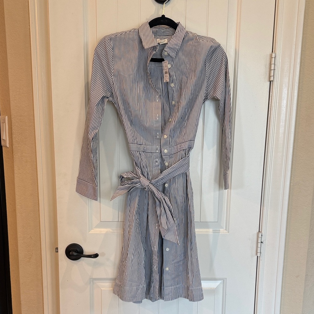 J. Crew- Striped Shirt Dress with Waist Tie - Blue & White